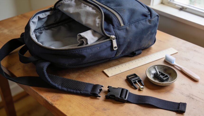 School backpack with lining caught at its zip, a broken strap buckle and matching repair parts on a table.