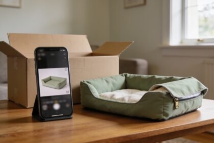 Phone showing a dog-bed video beside the matching bed with its cover partly unzipped for inspection.