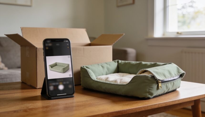 Phone showing a dog-bed video beside the matching bed with its cover partly unzipped for inspection.