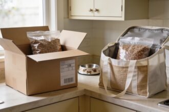 Matching pet food bags in a delivery carton and reusable shopping tote on a kitchen bench.