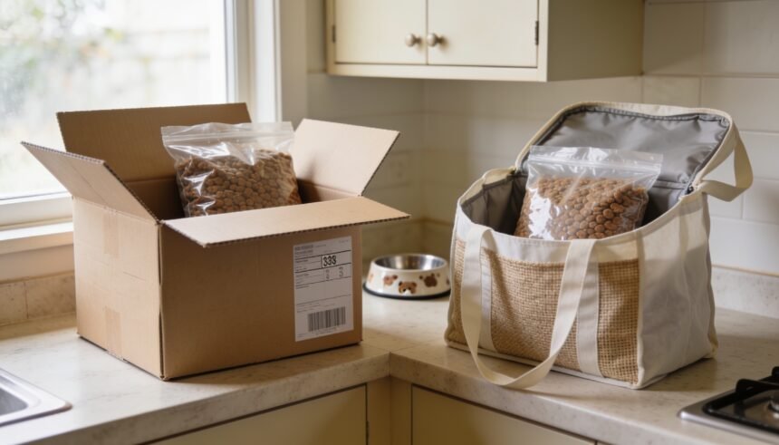 Matching pet food bags in a delivery carton and reusable shopping tote on a kitchen bench.