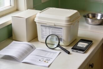 A pet wellness tub with its rear panel facing forward beside a leaflet, magnifying glass and phone on a kitchen bench.