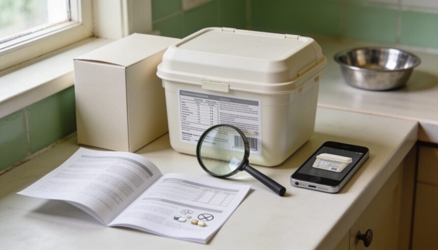 A pet wellness tub with its rear panel facing forward beside a leaflet, magnifying glass and phone on a kitchen bench.