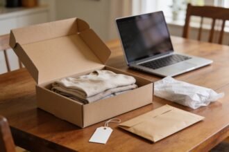 An open delivery box with folded clothing, packing tissue and a return mailer beside a laptop.