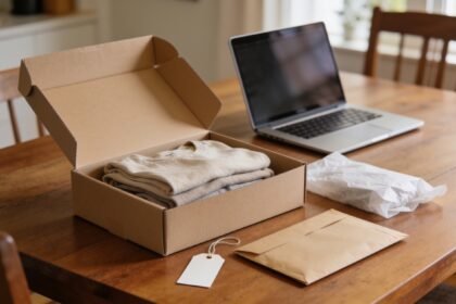 An open delivery box with folded clothing, packing tissue and a return mailer beside a laptop.