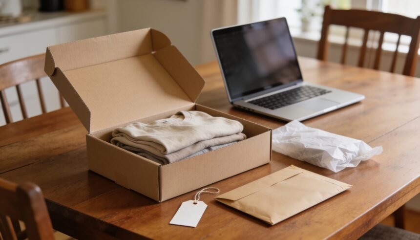 An open delivery box with folded clothing, packing tissue and a return mailer beside a laptop.