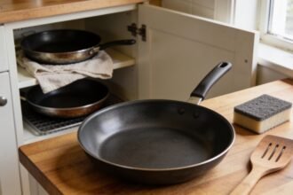 Clean non-stick frying pan beside a sponge and wooden spatula, with a cloth separating stacked pans in a cupboard.