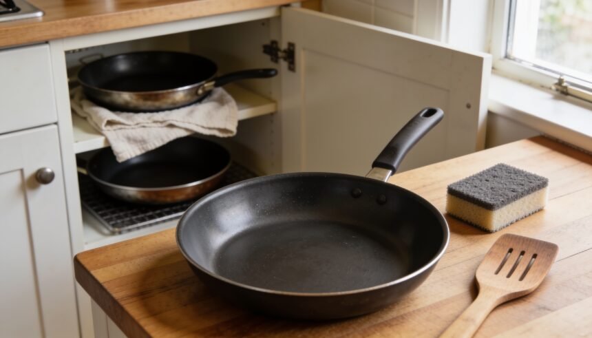 Clean non-stick frying pan beside a sponge and wooden spatula, with a cloth separating stacked pans in a cupboard.