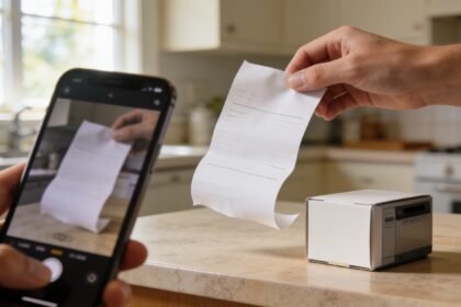 A phone photographing a paper receipt on a kitchen bench beside an appliance box.