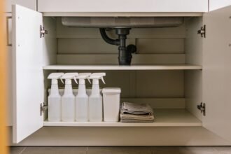 An open under-sink kitchen cupboard holding a short row of five plain spray bottles and a stack of folded cloths, with empty shelf space beside them.