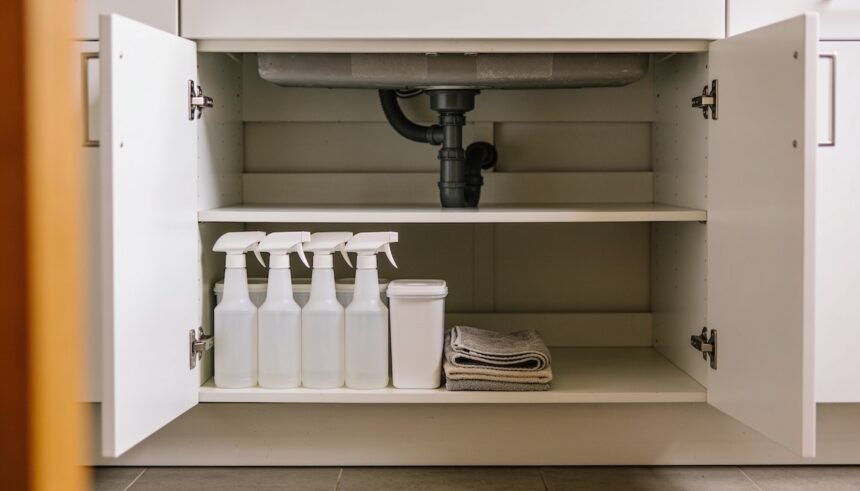 An open under-sink kitchen cupboard holding a short row of five plain spray bottles and a stack of folded cloths, with empty shelf space beside them.