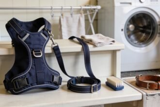 Dog harness, lead and collar beside a cleaning cloth and brush, with a leather collar kept separately on the bench.