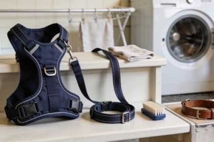 Dog harness, lead and collar beside a cleaning cloth and brush, with a leather collar kept separately on the bench.