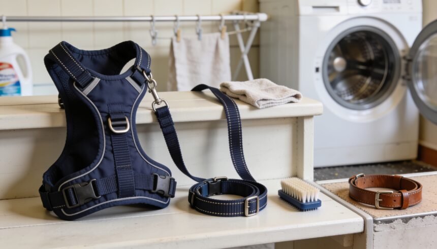 Dog harness, lead and collar beside a cleaning cloth and brush, with a leather collar kept separately on the bench.
