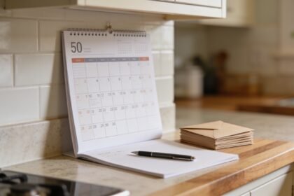 A wall calendar open on a kitchen bench with a pen and a small stack of envelopes nearby.