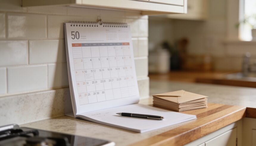 A wall calendar open on a kitchen bench with a pen and a small stack of envelopes nearby.