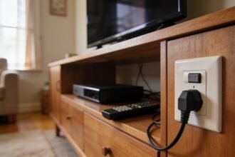 An accessible switched power point beside a television cabinet in an Australian living room.