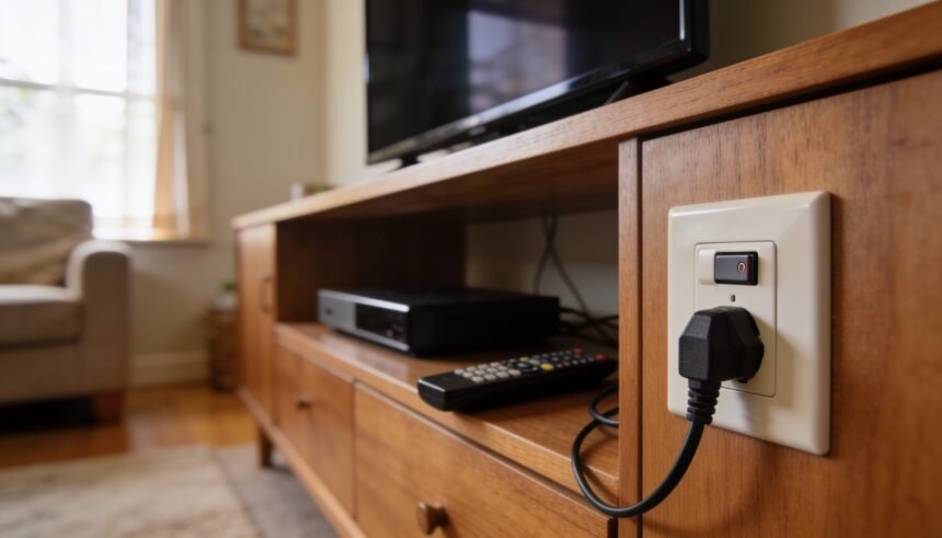 An accessible switched power point beside a television cabinet in an Australian living room.