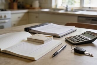 Notebook, envelopes, document folder and car key on a kitchen table ready for sorting annual bills.