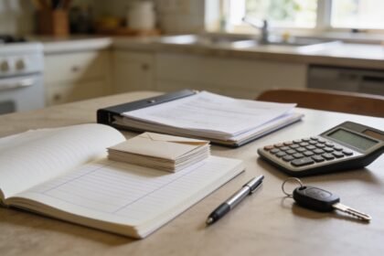 Notebook, envelopes, document folder and car key on a kitchen table ready for sorting annual bills.