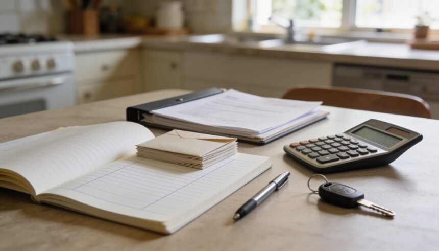 Notebook, envelopes, document folder and car key on a kitchen table ready for sorting annual bills.
