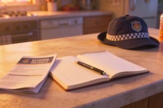 An open notebook and pen on a kitchen bench beside a folded school notice, with a school hat and drink bottle in the background.