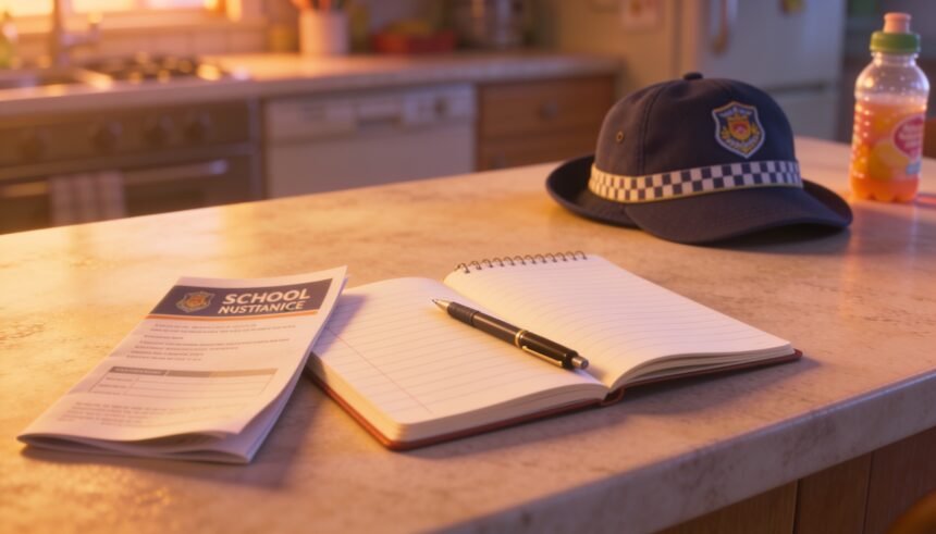 An open notebook and pen on a kitchen bench beside a folded school notice, with a school hat and drink bottle in the background.
