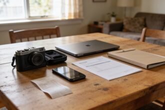 Camera, case, phone and document folder arranged on a dining table for a household inventory.
