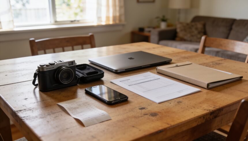 Camera, case, phone and document folder arranged on a dining table for a household inventory.
