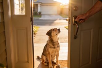 A dog sitting inside a partly open front door while a hand rests on the door handle.