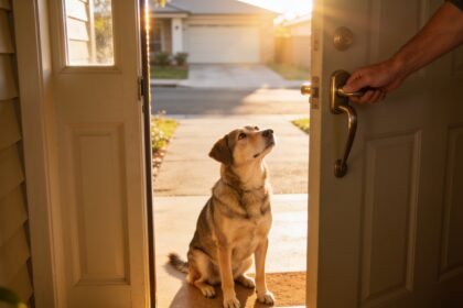 A dog sitting inside a partly open front door while a hand rests on the door handle.