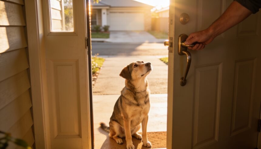 A dog sitting inside a partly open front door while a hand rests on the door handle.