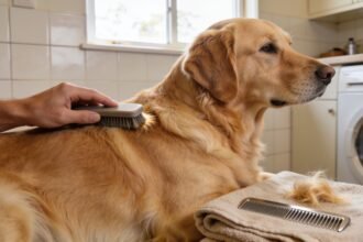 Gentle brushing of a golden retriever's coat beside a comb and a small amount of loose hair.