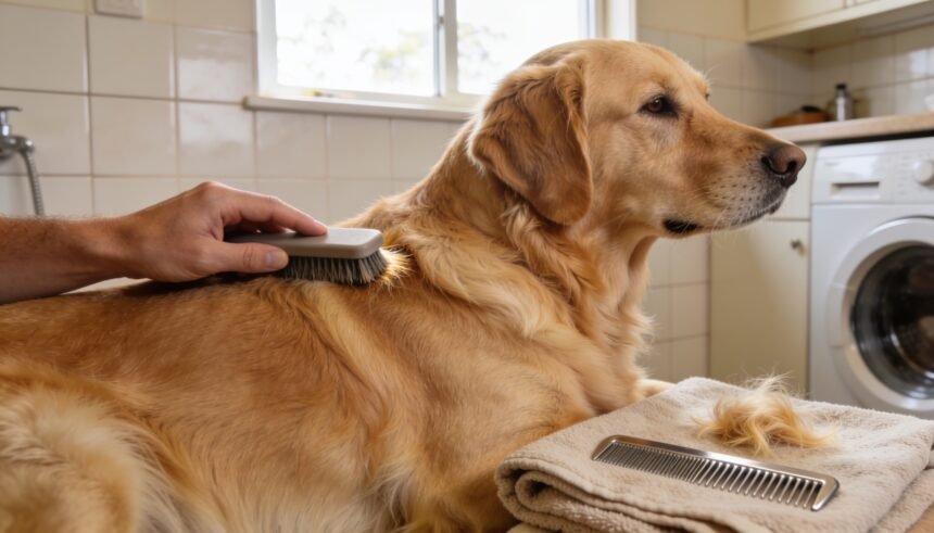 Gentle brushing of a golden retriever's coat beside a comb and a small amount of loose hair.