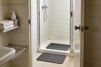 A compact bathroom prepared with non-slip mats, clean towels within reach and a clear drying spot beside the shower.