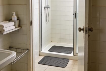 A compact bathroom prepared with non-slip mats, clean towels within reach and a clear drying spot beside the shower.