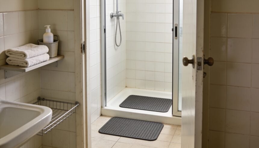 A compact bathroom prepared with non-slip mats, clean towels within reach and a clear drying spot beside the shower.