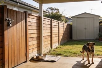 A closed backyard gate and clear fence line, with a water bowl and resting mat on a shaded patio.