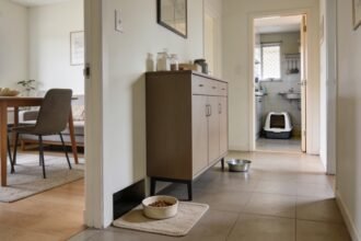Cat food beside a dining sideboard, water across the living area and a litter tray in a separate utility room.