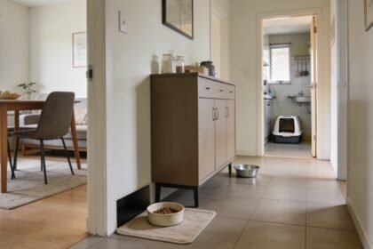 Cat food beside a dining sideboard, water across the living area and a litter tray in a separate utility room.