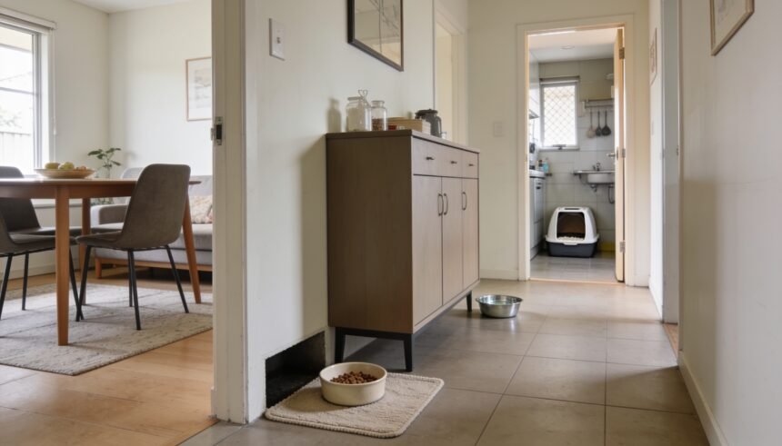 Cat food beside a dining sideboard, water across the living area and a litter tray in a separate utility room.