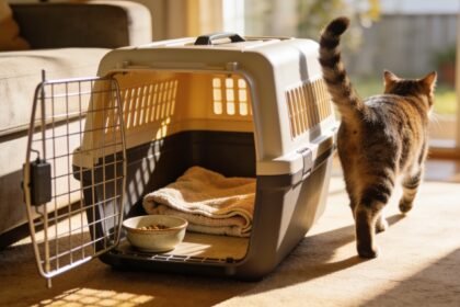 A cat walking into an open carrier on a living room floor, with a towel and a food bowl inside.