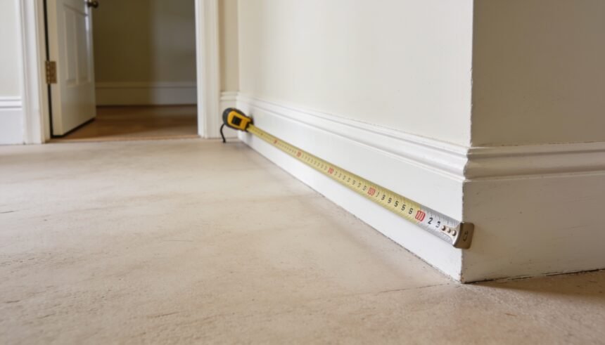 A tape measure extended across an empty corner of a room, measuring the space near a skirting board.
