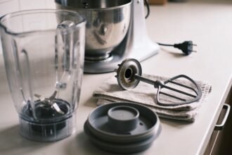 Blender jug and lid beside a mixer bowl and detached beater arranged for a visual condition check.