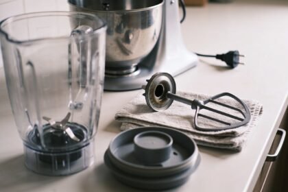 Blender jug and lid beside a mixer bowl and detached beater arranged for a visual condition check.