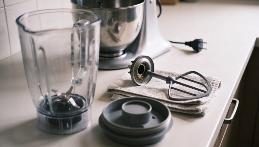 Blender jug and lid beside a mixer bowl and detached beater arranged for a visual condition check.