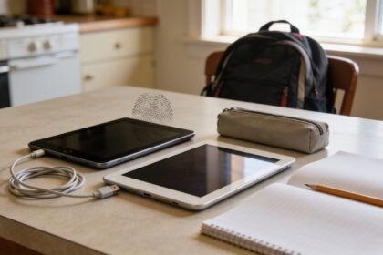 Two tablets beside a charging cable and blank notebook on a family kitchen table.