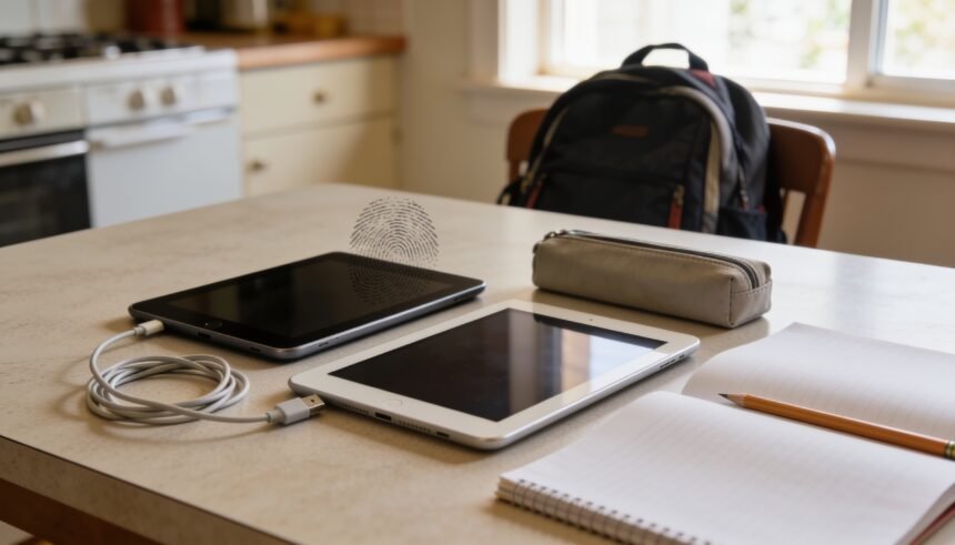 Two tablets beside a charging cable and blank notebook on a family kitchen table.