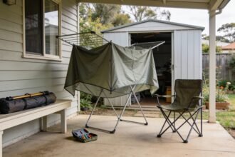 Tent fabric airing on a verandah beside a shed, with poles, pegs and a camping chair being sorted nearby.