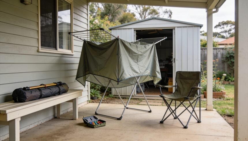 Tent fabric airing on a verandah beside a shed, with poles, pegs and a camping chair being sorted nearby.